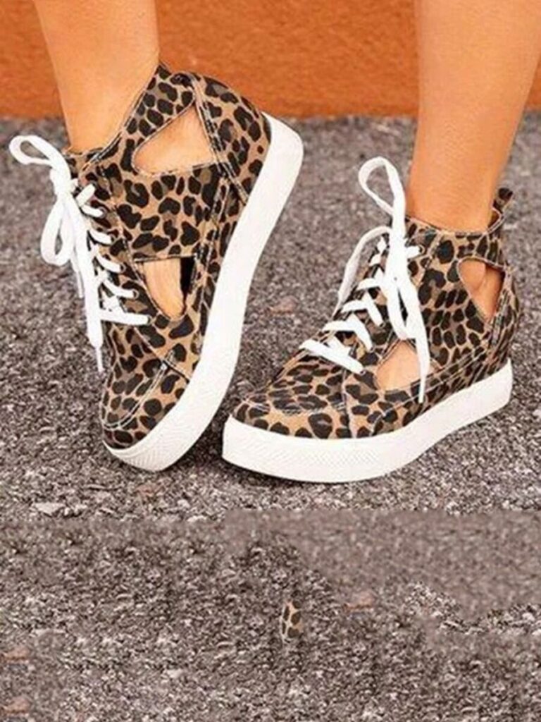 Lace-up Leopard Cutout Canvas Sandals