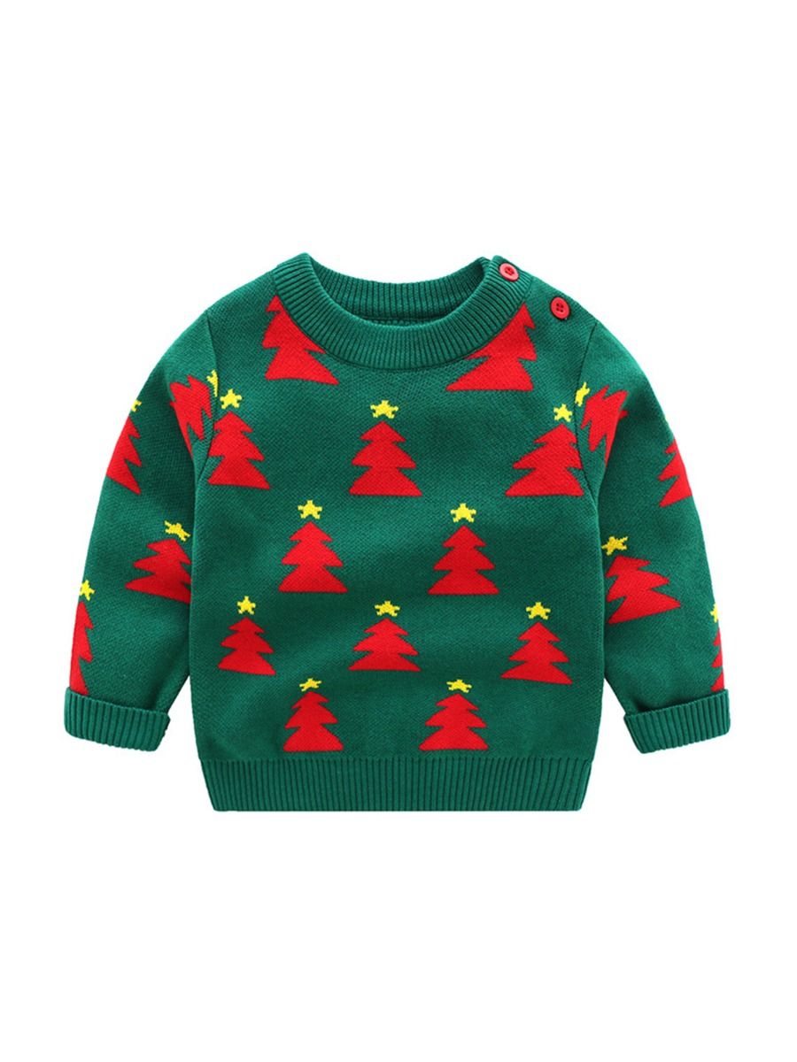 kiskissing wholesale kid christmas tree crew neck knit pullover