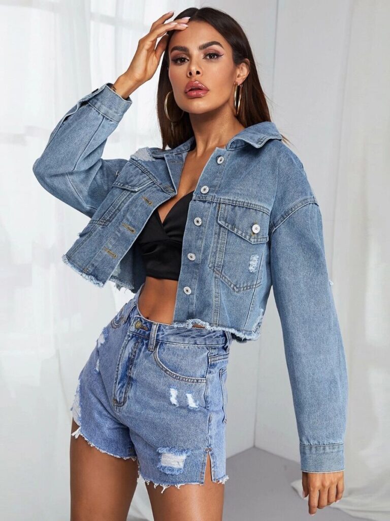 Fringe Hem Ripped Cropped Denim Jacket