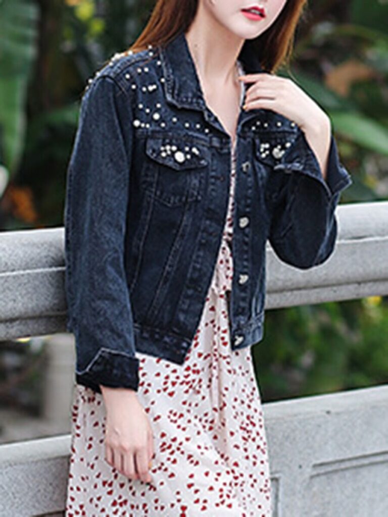 Pearls Decor Pocket Denim Jacket