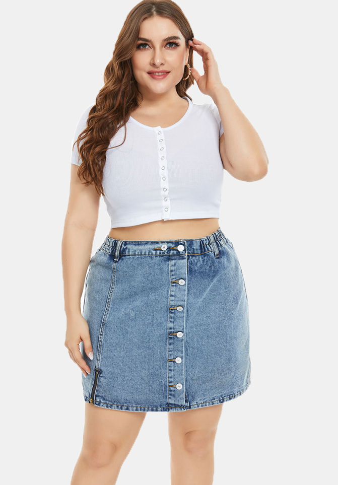 Plus Size Elastic Waist Button Denim Skirt