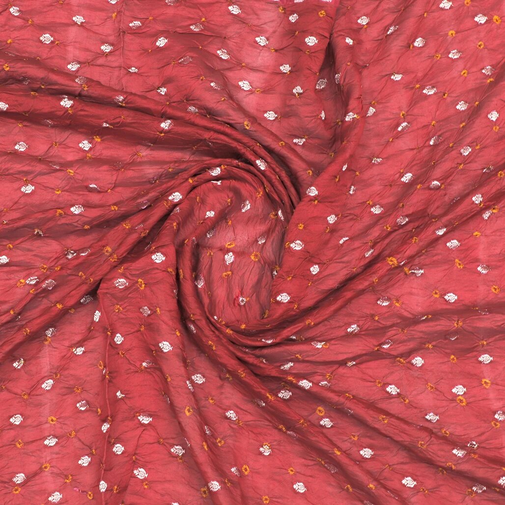 Maroon Pure Tusser Silk Handmade Bandhani With Hand-woven Banarasi Weaving brocade fabric online