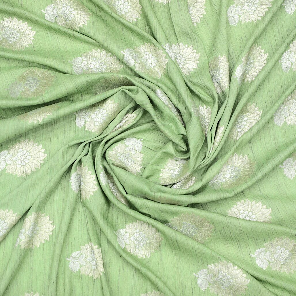 Pista Green Hand-woven Banarasi Brocade Pure Khadi Silk with Silver & Light Gold Zari BROCADE FABRIC ONLINE